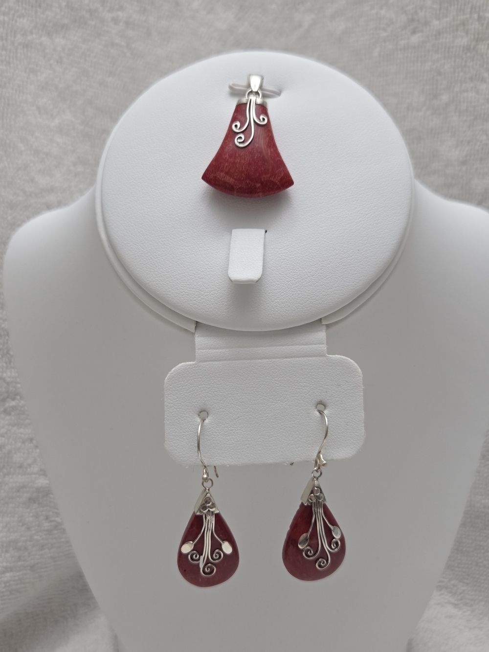 Bali Collection Enhanced Red Sponge Coral Earrings/Pendant Set w/Scroll Design